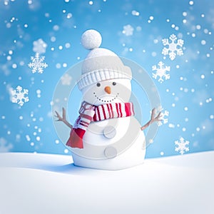 Funny snowman on Christmas holiday winter background, Merry Christmas and Happy Holidays wishes, generative ai