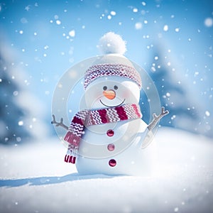 Funny snowman on Christmas holiday winter background, Merry Christmas and Happy Holidays wishes, generative ai