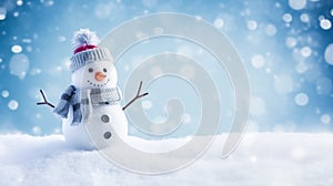 Funny snowman on Christmas holiday winter background, Merry Christmas and Happy Holidays wishes, generative ai