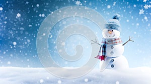 Funny snowman on Christmas holiday winter background, Merry Christmas and Happy Holidays wishes, generative ai