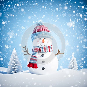 Funny snowman on Christmas holiday winter background, Merry Christmas and Happy Holidays wishes, generative ai