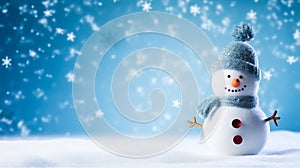 Funny snowman on Christmas holiday winter background, Merry Christmas and Happy Holidays wishes, generative ai