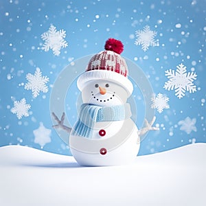 Funny snowman on Christmas holiday winter background, Merry Christmas and Happy Holidays wishes, generative ai