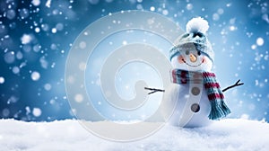 Funny snowman on Christmas holiday winter background, Merry Christmas and Happy Holidays wishes, generative ai