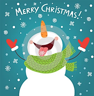 Funny snowman enjoying the snowflakes. Christmas card illustration