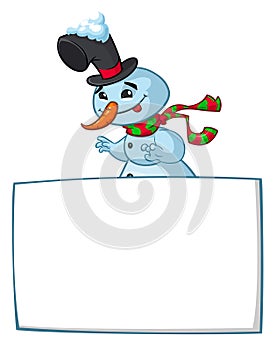 Funny snowman holding white page. Greeting Christmas card, vector illustration isolated