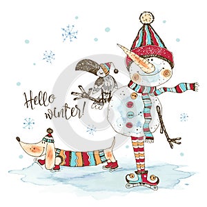 Funny snowman in a knitted hat and scarf with a crow and a dog Dachshund. Christmas card. Watercolors and graphics. Vector
