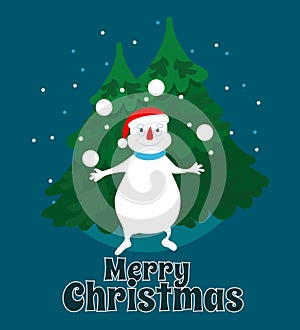 Funny snowman is lucky playing with snow near the Christmas trees. Merry Christmas text. Christmas scene for postcard.