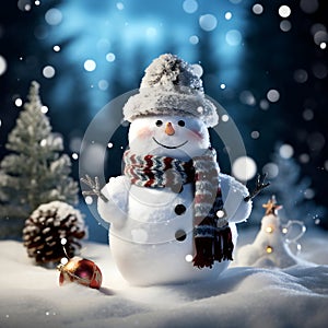 Funny snowman, Merry Christmas and Happy New Year greeting card with copy-space