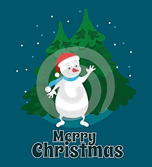 Funny snowman in a red scarf waves hello near the Christmas trees. Merry Christmas text. Christmas scene for postcard in cartoon