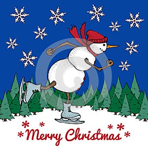 Funny Snowman skates. Cute winter holiday card. Character in a hat and knitted scarf. Vector cartoon illustration. Merry