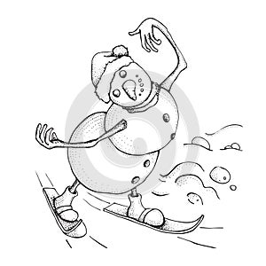 Funny Snowman skiing. Cute winter holiday icon. Blackline ink person in a hat and knitted scarf. Vector hand drawn