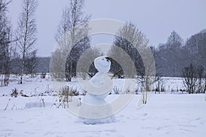 Funny snowman on snow covered rural field