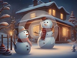 a funny snowman wearing hat and scarf standing in the backyard of the idyllic house.