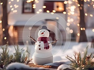 a funny snowman wearing hat and scarf standing in the backyard of the idyllic house.