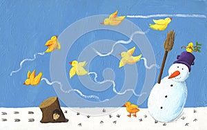 Funny snowman and yellow bird