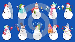 Funny snowmen. Elegant happy snowman, christmas characters wear scarf and hat. Seasonal cute xmas holiday, baby stickers