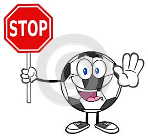 Funny Soccer Ball Cartoon Mascot Character Gesturing And Holding A Stop Sign