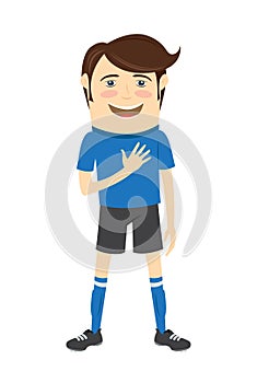 Funny soccer football player wearing blue t-shirt standing singing hymn with hand on his heart and smiling photo