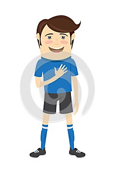 Funny soccer football player wearing blue t-shirt standing singing hymn with hand on his heart and smiling