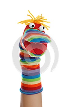 Funny sock puppet for show on hand against white background