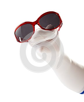 Funny sock puppet wearing sunglasses