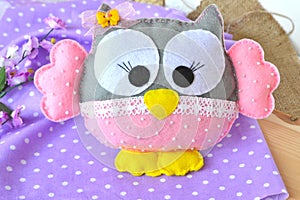 Funny soft toy. Children`s owl toy. Felt toy