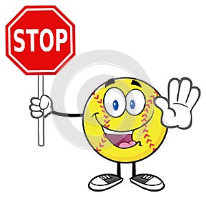 Funny Softball Cartoon Mascot Character Gesturing And Holding A Stop Sign
