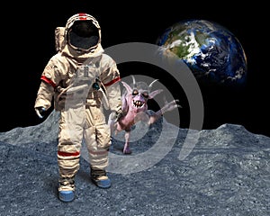 Un divertido espacio de extranjero no un photobomb con un astronauta en un aterrizaje en la luna.
