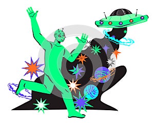 Funny space alien with fantasy UFO spaceship cartoon flat vector isolated.