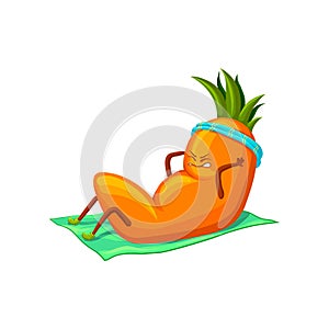 Funny sportive carrot doing press exercise, vegetable character doing sport cartoon vector Illustration