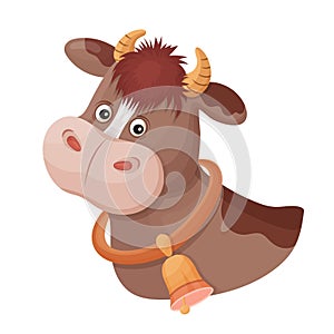 Funny spotted cow with bell on neck. Animal head. Cute calf bull portrait with horns. Farm milk. Cartoon character. Vector