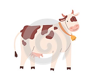 Funny spotty cow with bell on neck. Farm milk animal with udder. Childish flat vector illustration isolated on white