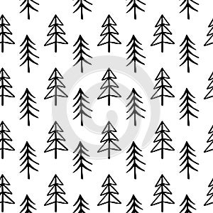 funny spruce trees seamless pattern in scandinavian style . Doodle tree hand drawn