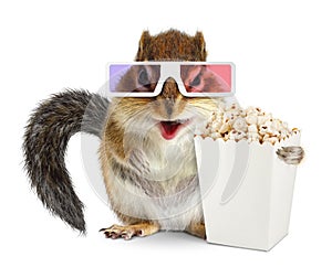 Funny squirrel with blank popcorn bucket and 3d glasses isolated