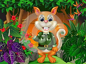 Funny Squirrel In the Forest With Tropical Plant Flower Cartoon