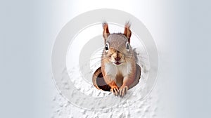 Funny squirrel peeks out of hole in snow