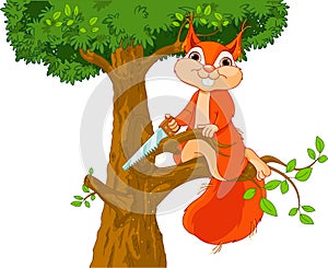 Funny squirrel saws branch photo