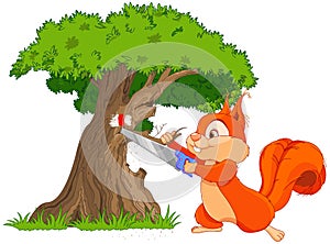 Funny squirrel saws tree branch