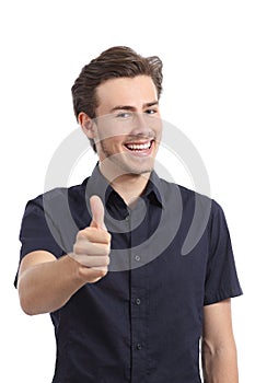 Funny standing happy man gesturing thumbs up