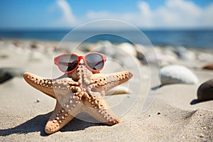 Funny starfish with red sunglasses at beach