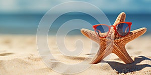 Funny starfish with red sunglasses at sand beach with copy space