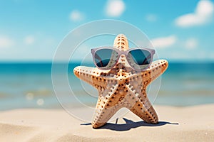 Funny starfish with sunglasses at beach