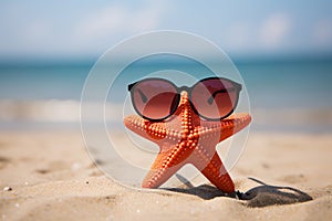 Funny starfish with sunglasses at sand beach