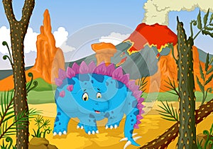 Funny stegosaurus cartoon with forest landscape background