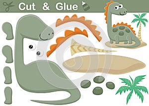 Funny stegosaurus cartoon with palm tree. Education paper game for children. Cutout and gluing