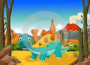 Funny stegosaurus cartoon with volcano landscape background