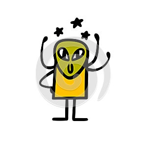 Funny stick figure alien from the space with rising hands and stars.