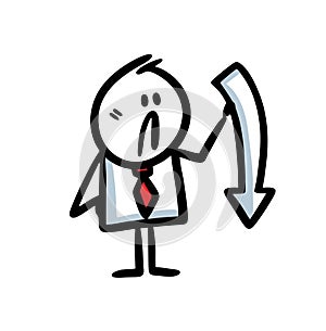 Funny stick figure of businessman in costume with the arrow shoing down.