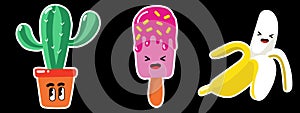 funny stickers in the style of the 90s, on a black background, lemon, cactus, ice cream